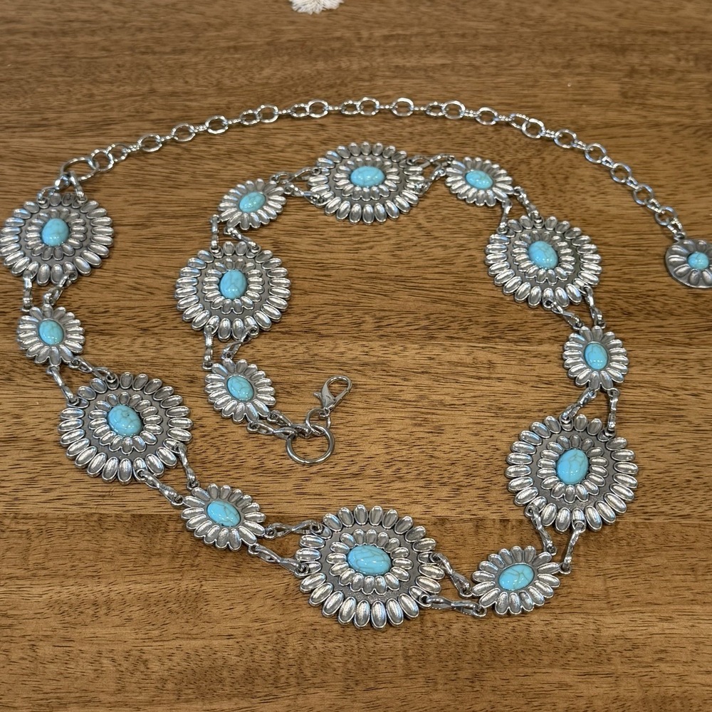 Southwestern Concho Style Belt Faux Turquoise Silver Tone Medallion Western 43"